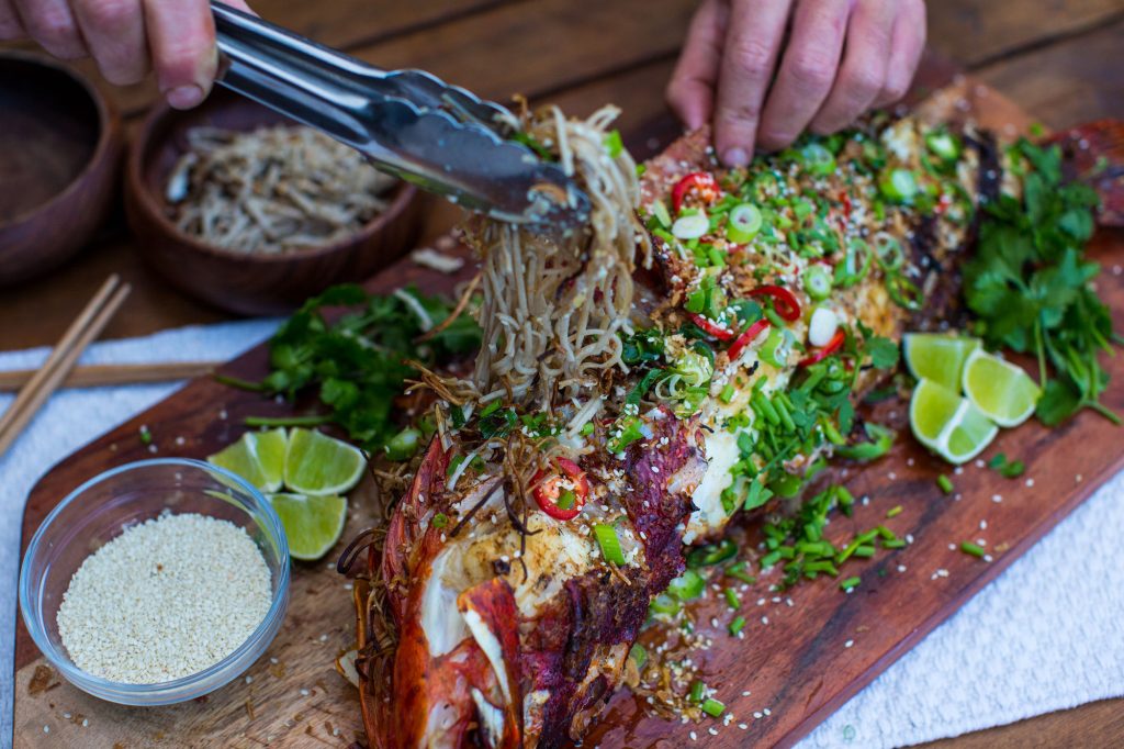 bbq whole fish with noodles
