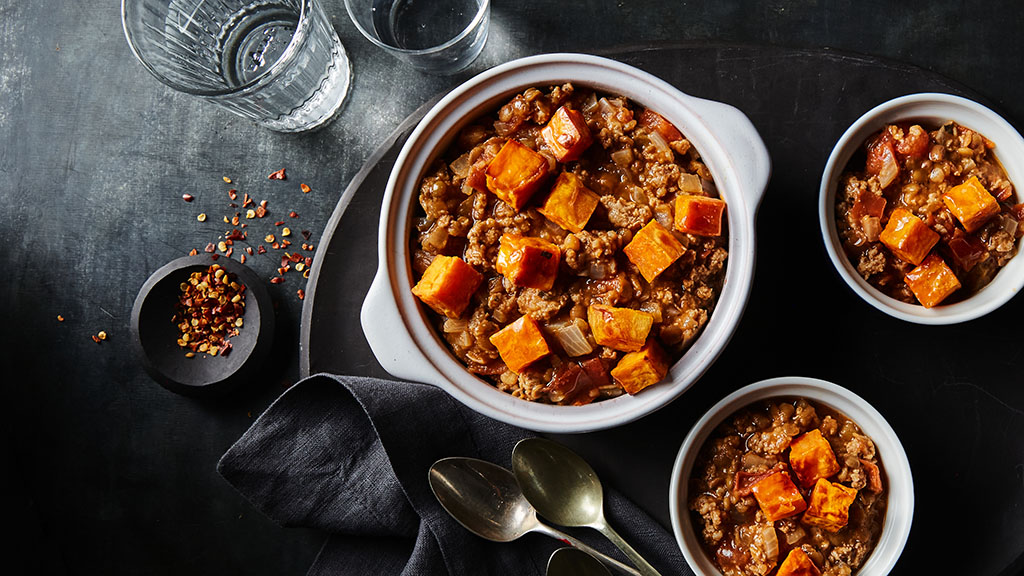 lentil sausage stew with sweet potato croutons