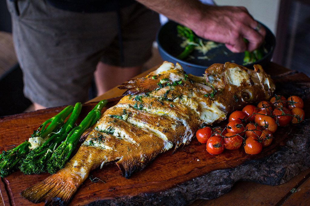 Whole Fish With Cherry Tomatoes, Broccolini And Tartar Sauce