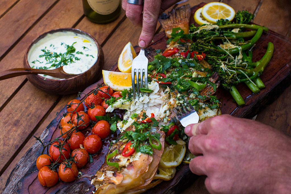 Whole Fish With Cherry Tomatoes, Broccolini And Tartar Sauce