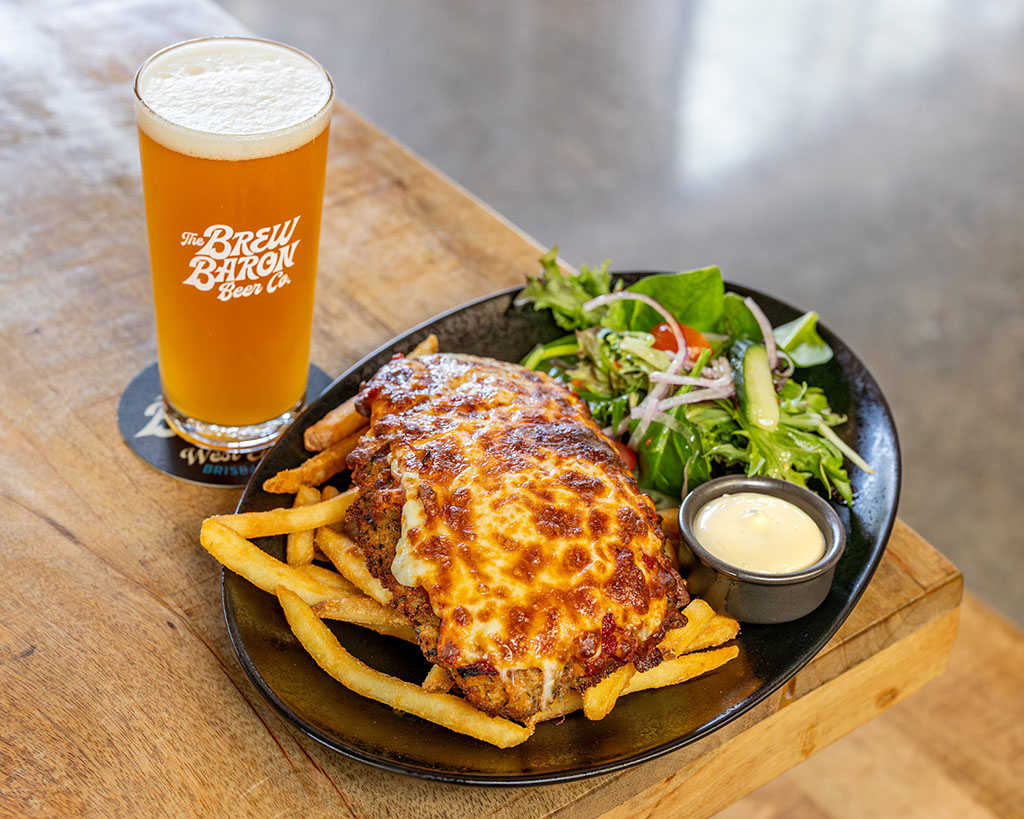 The Brew Baron Beer Company West End chicken parmigiana and beer