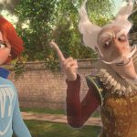 An animated film still showing 2 main characters - Virginia and Sir Simon.