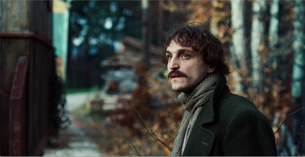 A wintery picture of a man wandering a thick forest.